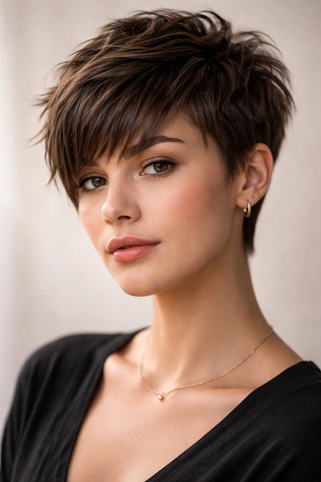 Close-up of The Textured Pixie with Longer Bangs showcasing textured layers on thick hair