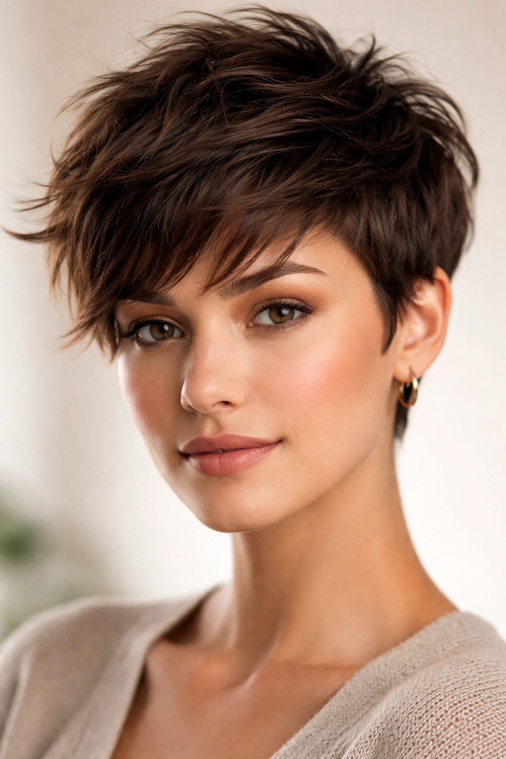 10 Low Maintenance Short Cuts For Thick Heavy Hair 1 Close-up of a thick-haired model with a textured pixie showing crown layers