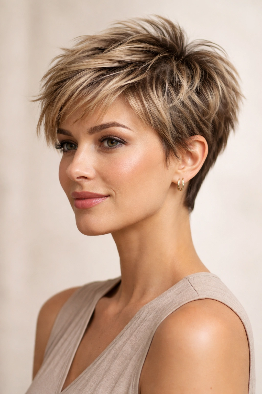 Textured pixie cut with choppy layers and crown lift.