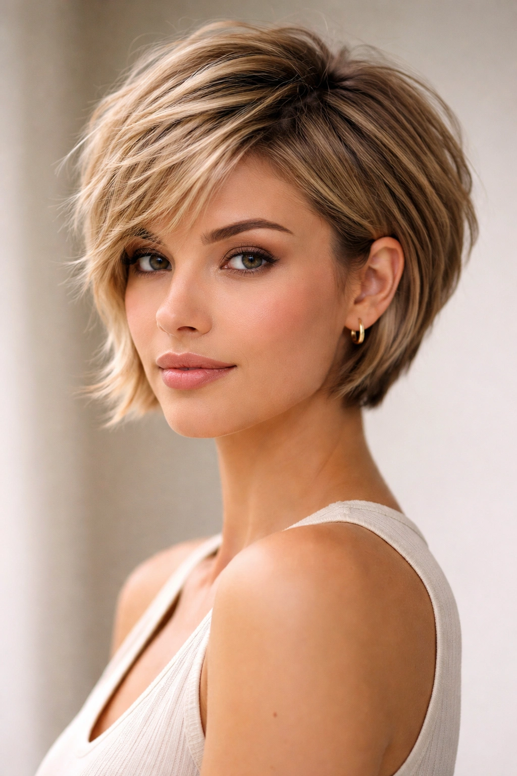 10 Medium Haircuts That Add Volume To Long Faces 7 Close-up of a model's textured pixie-to-bob hairstyle with crown volume and cheekbone width