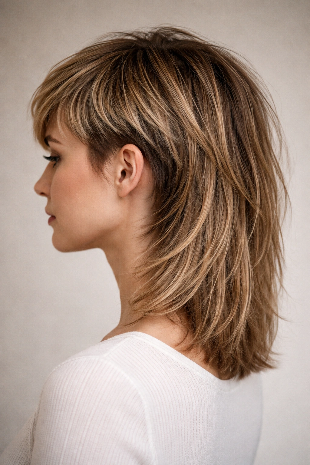 Head-side view showing a textured transition from pixie to lob length.