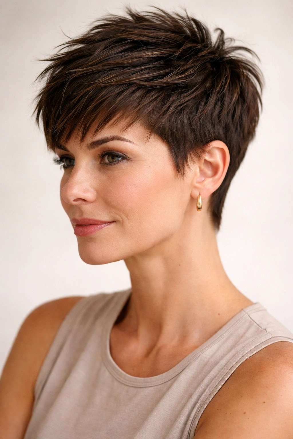 12 Pixie Cuts That Look Stunning In Your 40s 12 Portrait of a pixie with a long textured top and short sides