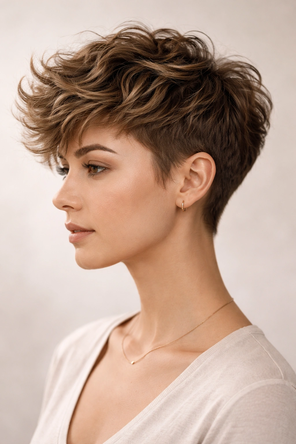 Textured pixie with longer top on fine wavy hair, studio portrait