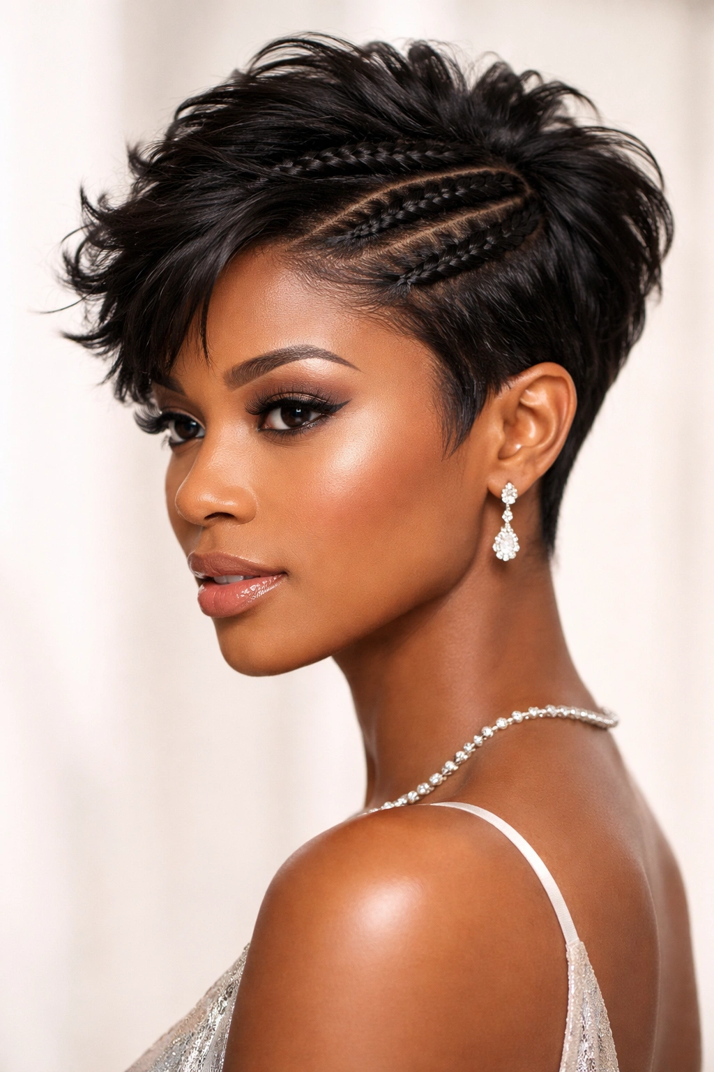 Textured pixie with twists highlighting crown twists on short hair