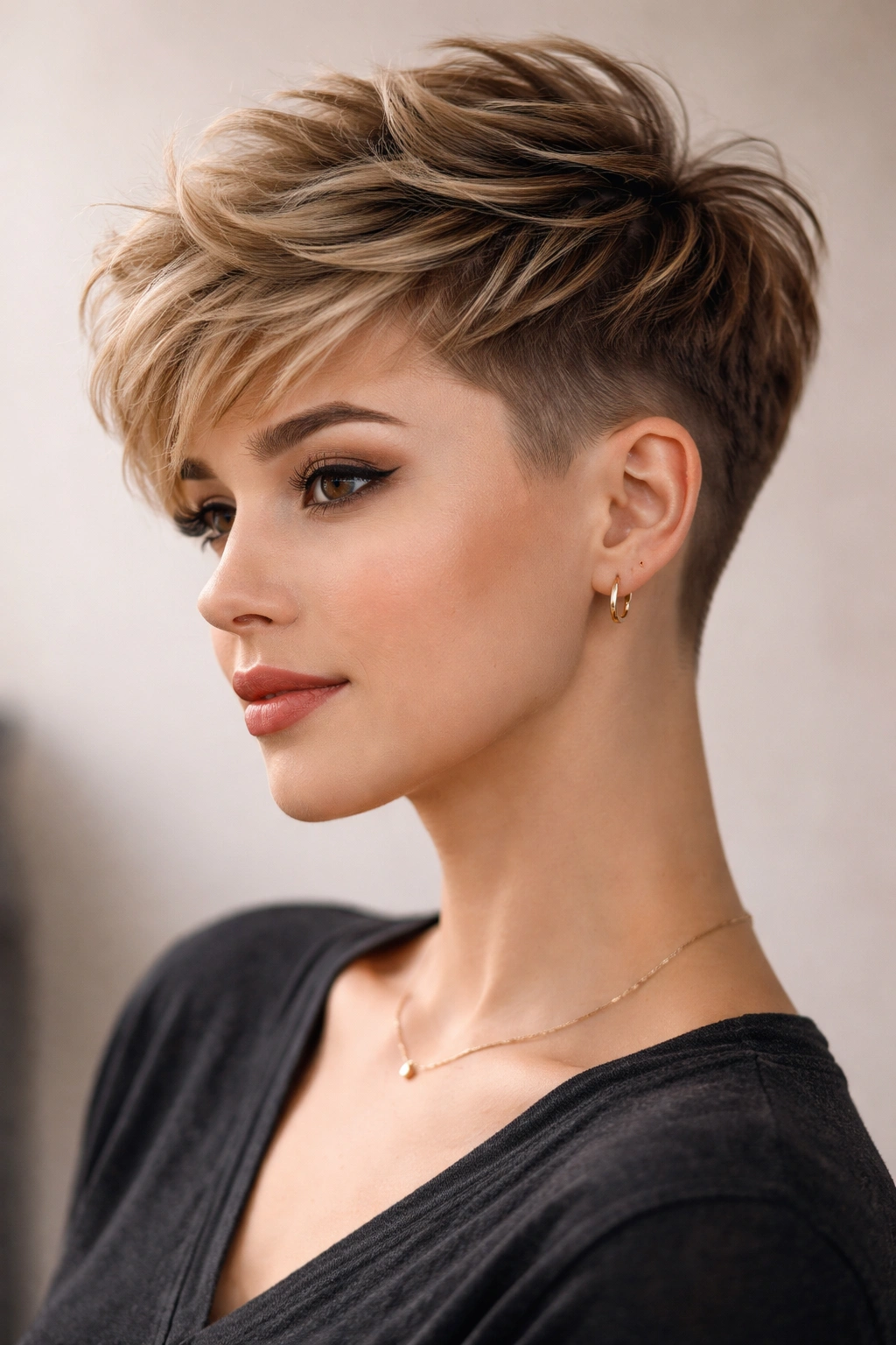 Textured pixie with movement and an undercut showing contrast between lengths