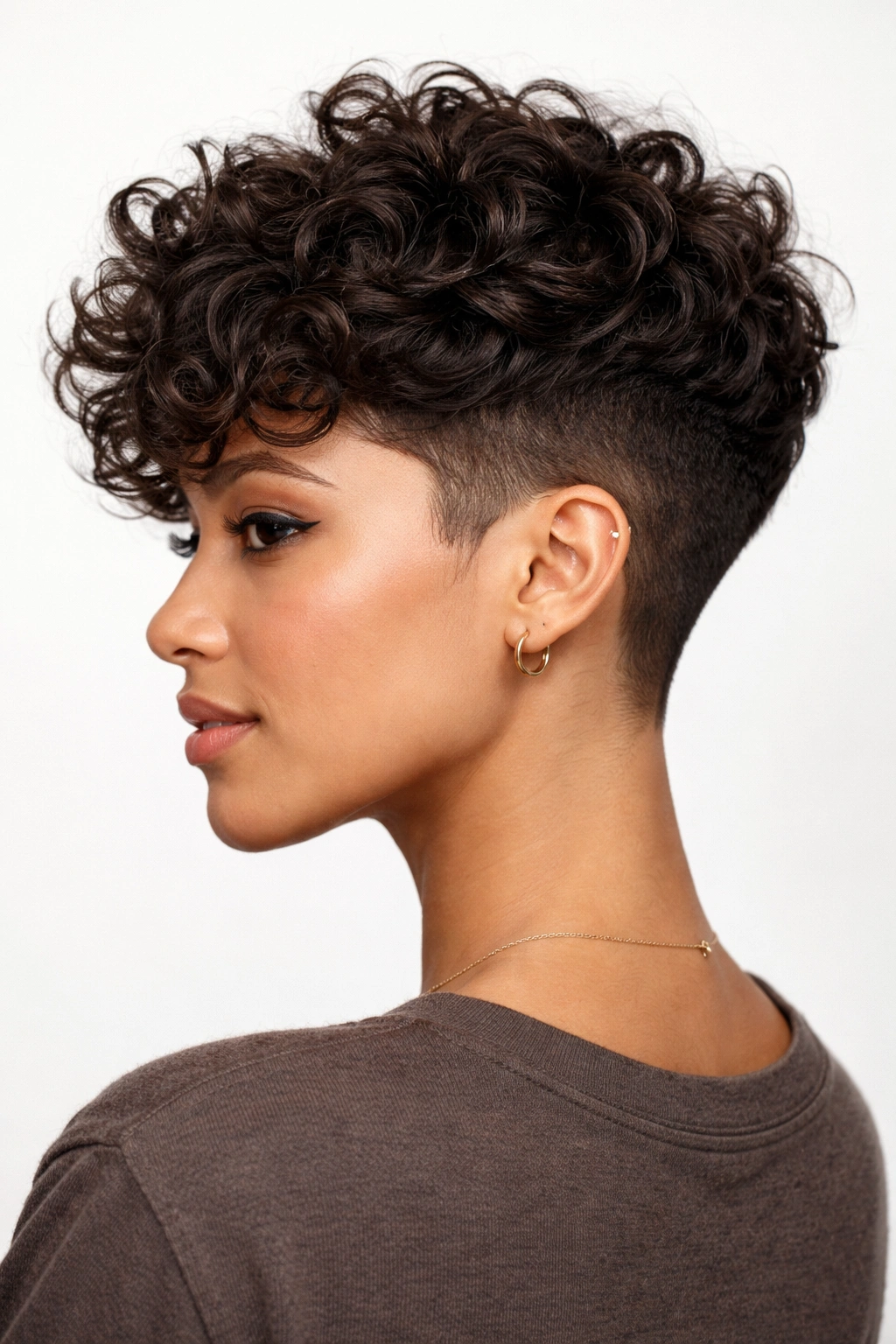 Portrait of a model with textured pixie and hidden undercut visible at the nape.