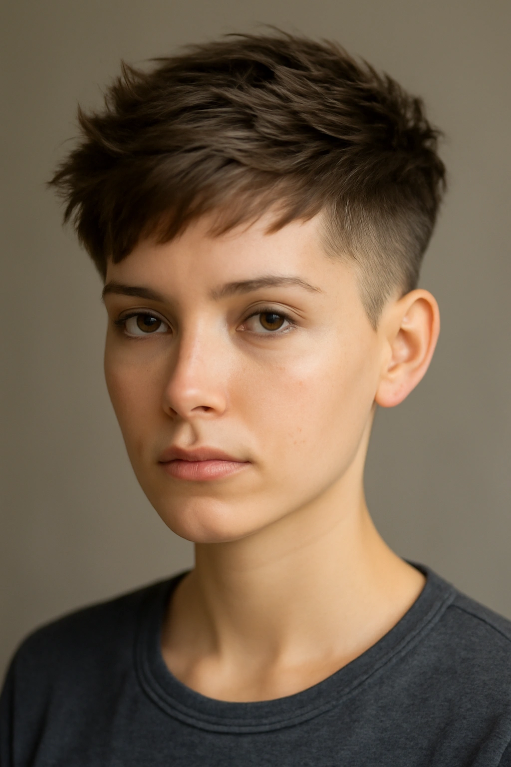 Head-and-shoulders portrait of a textured pixie with undercut fade and sculpted top.