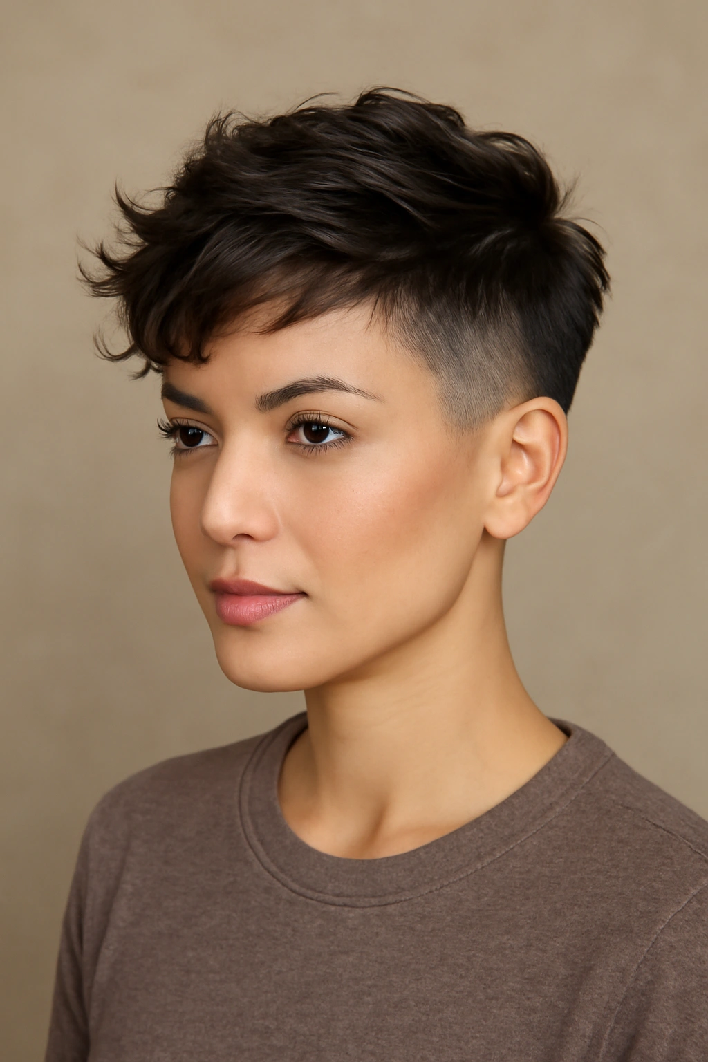 Textured pixie with top length and clear side undercut fade.