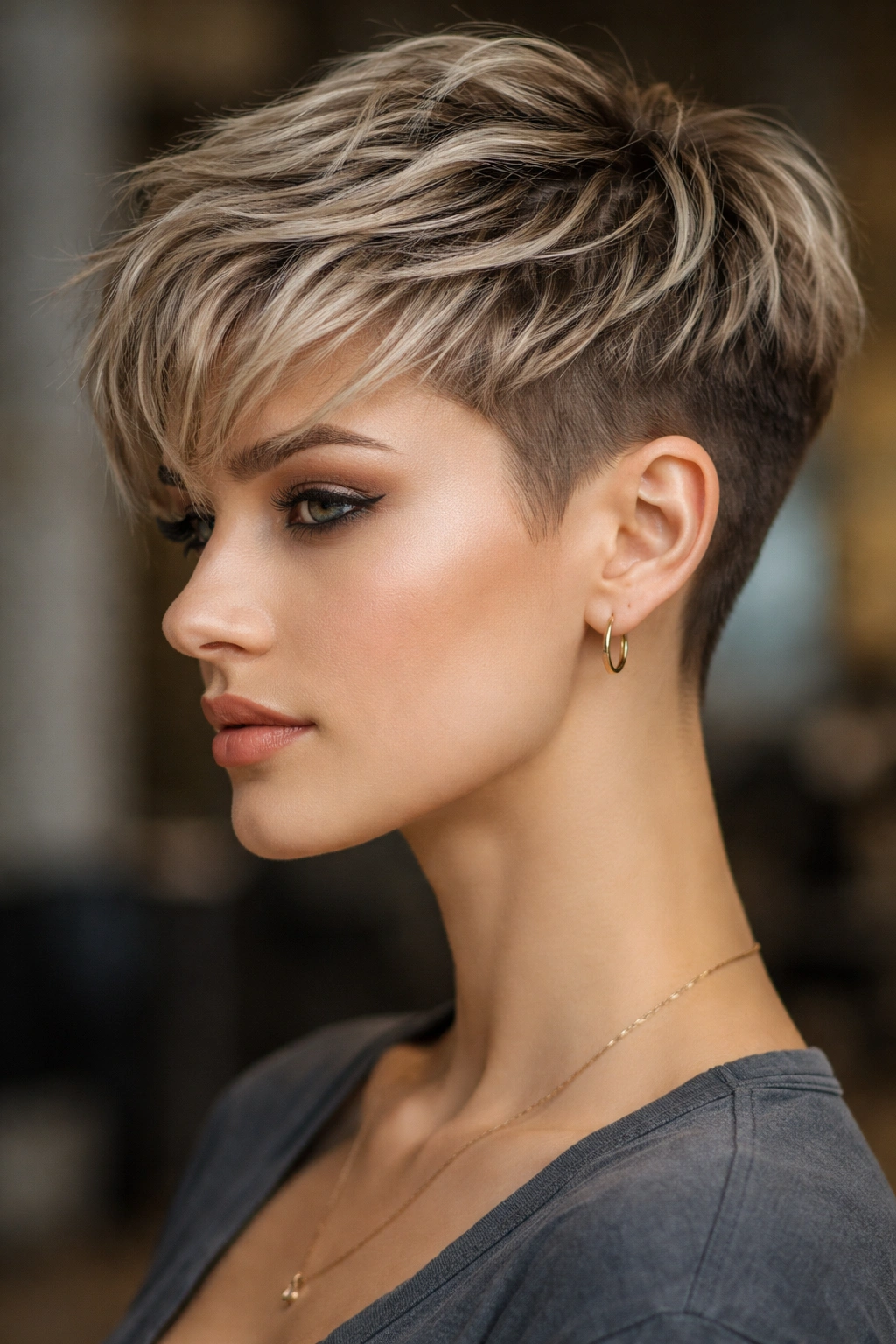 10 Edgy Pixie Cuts For Women Who Want Bold Hair 1 Close-up of a model's textured pixie with undercut, showing layered top and side cut.