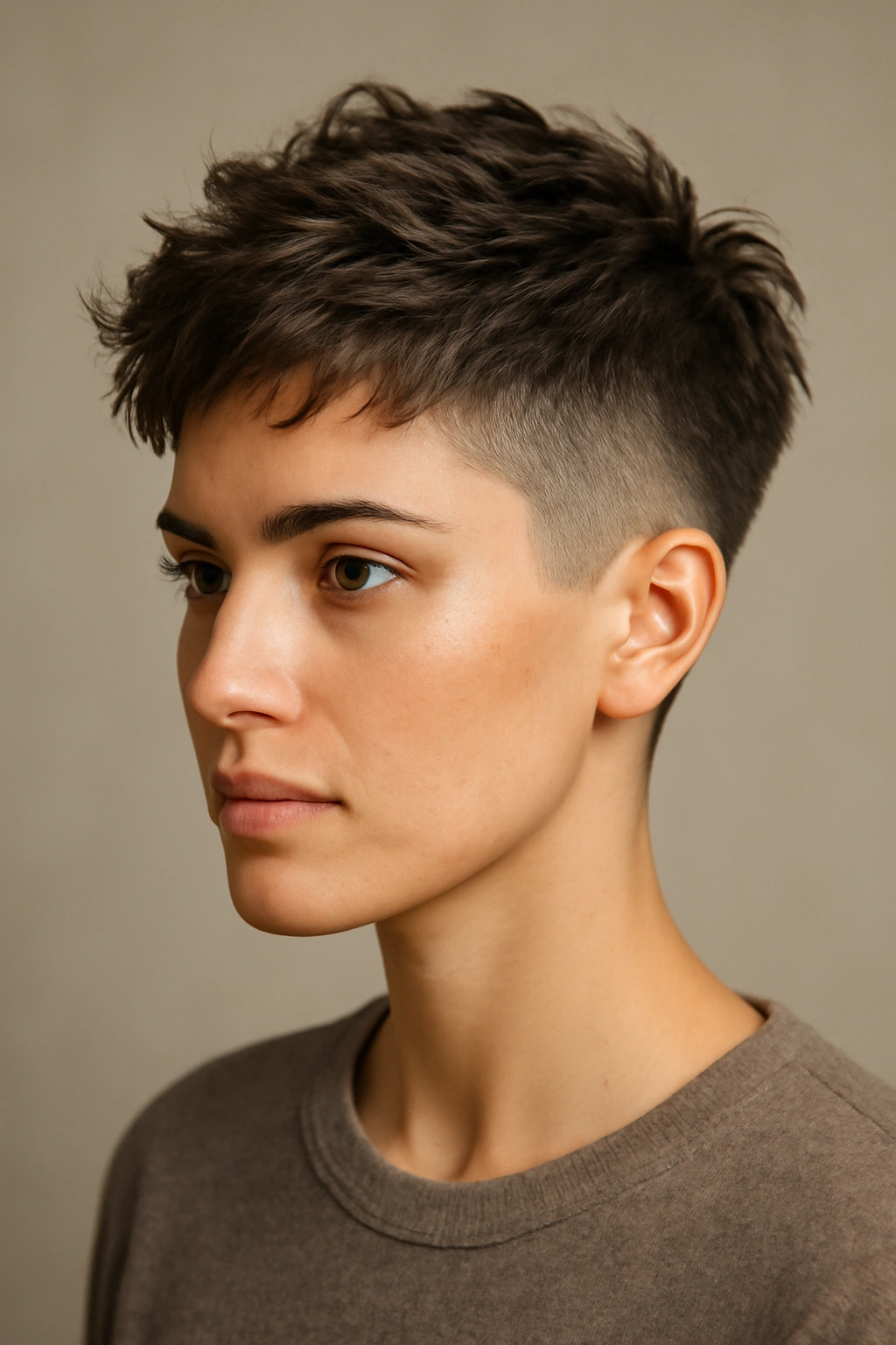 Portrait of a textured pixie with an undercut and longer top.