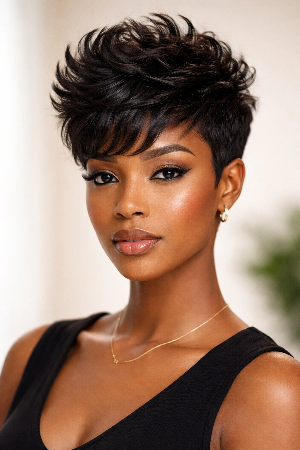 Close-up portrait of a textured pixie with voluminous top