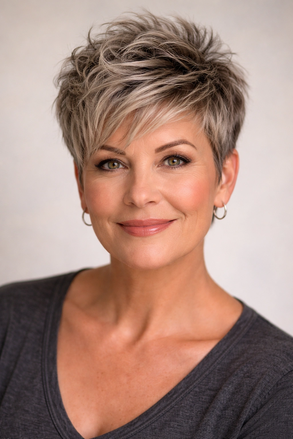 12 Short Hairstyles For Round Faces Over 50 3 Close-up of a round-faced woman with a textured pixie and voluminous crown