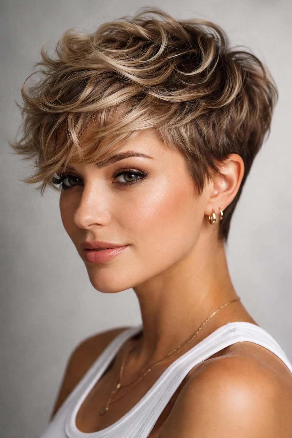 Close-up of textured pixie waves hairstyle with lift