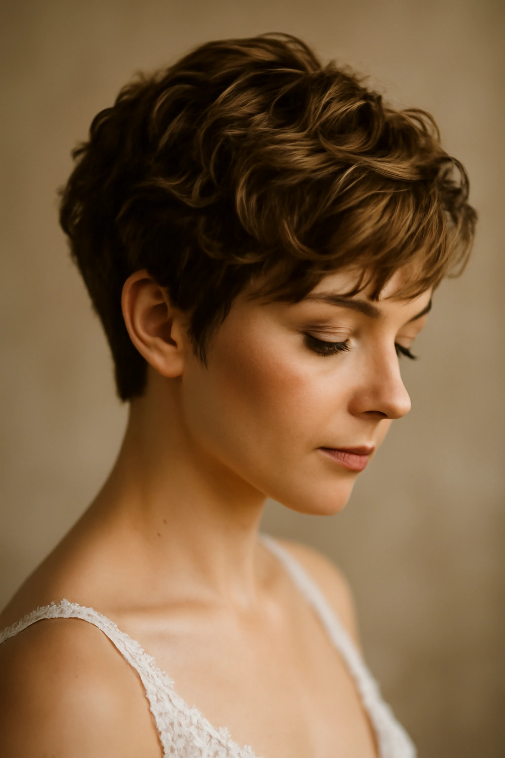 8 Wedding Hairstyles That Flatter Pixie Cuts 1 Close-up of a bride's textured pixie with soft, romantic waves catching light