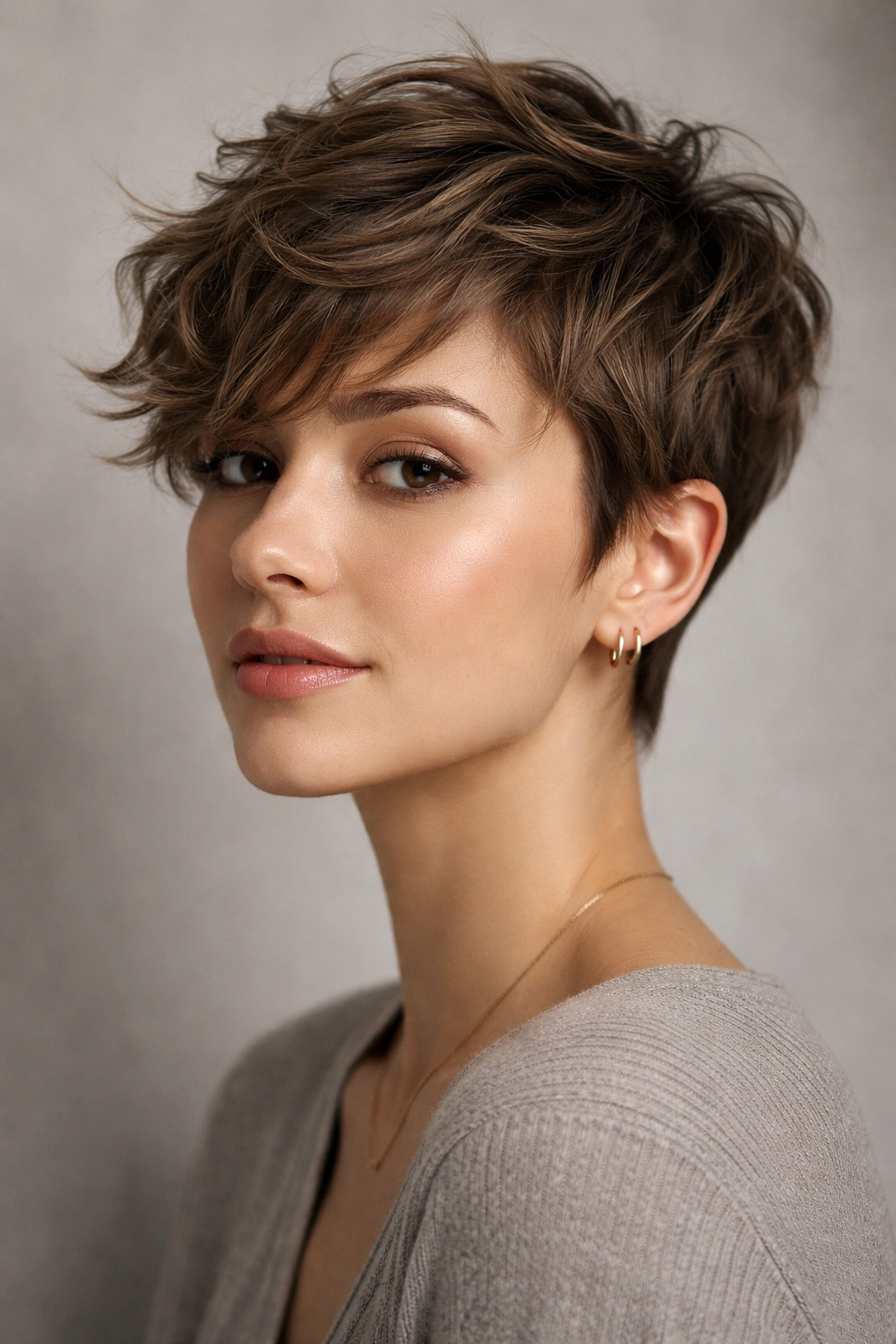 Close-up of a textured pixie with tousled waves showing layered movement