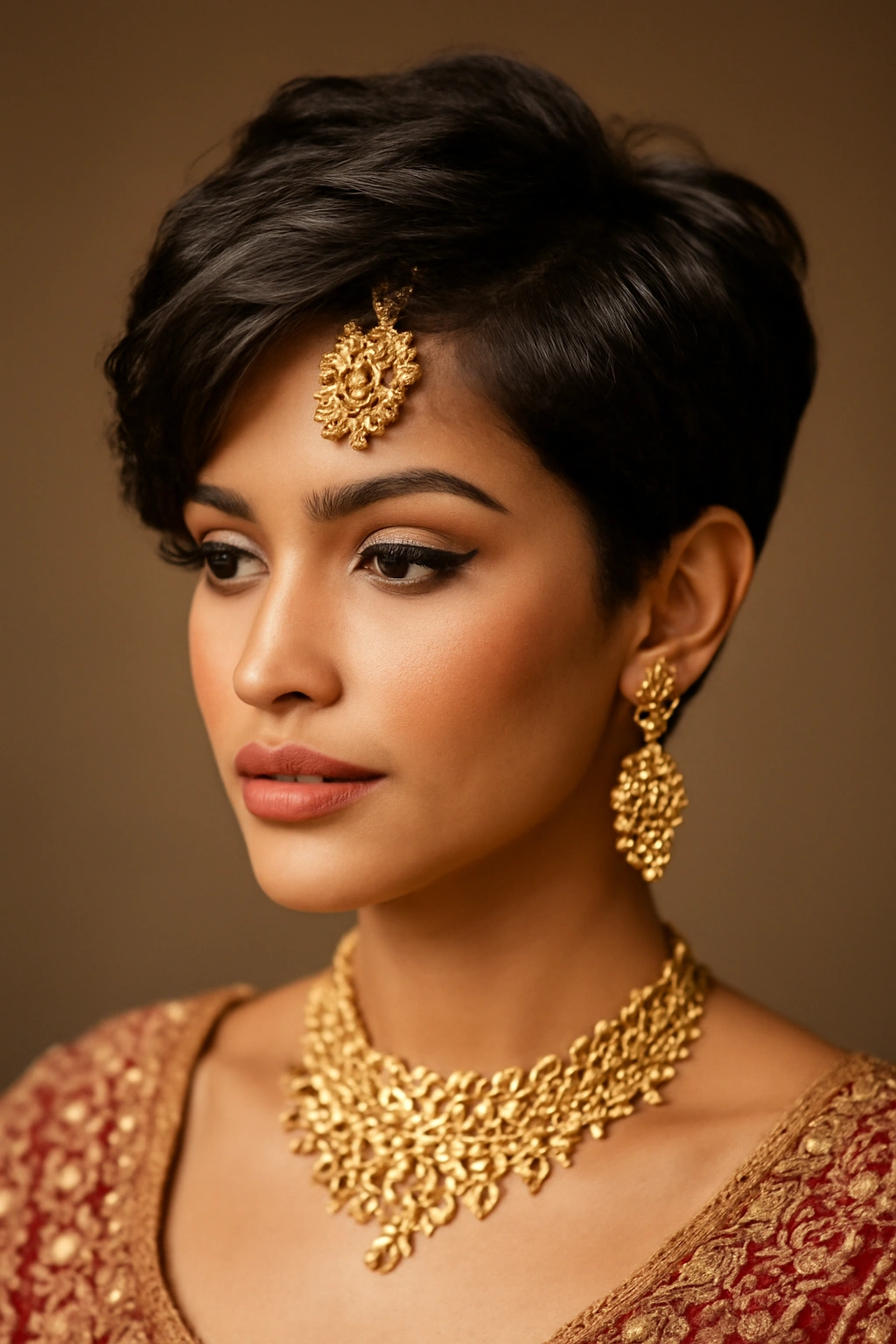 10 Beautiful Short Hairstyles for Indian Weddings 1 Close-up of a textured pixie with side-swept drama and wedding jewelry highlight.