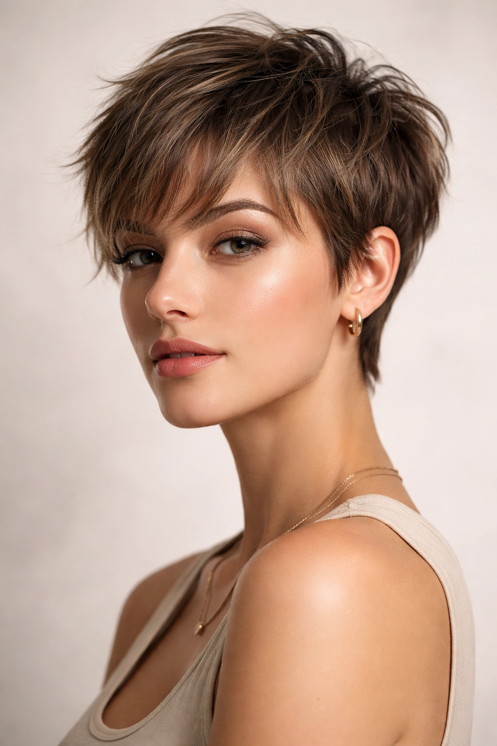 Close-up of a textured pixie with wispy bangs, showing soft fringe and textured crown.