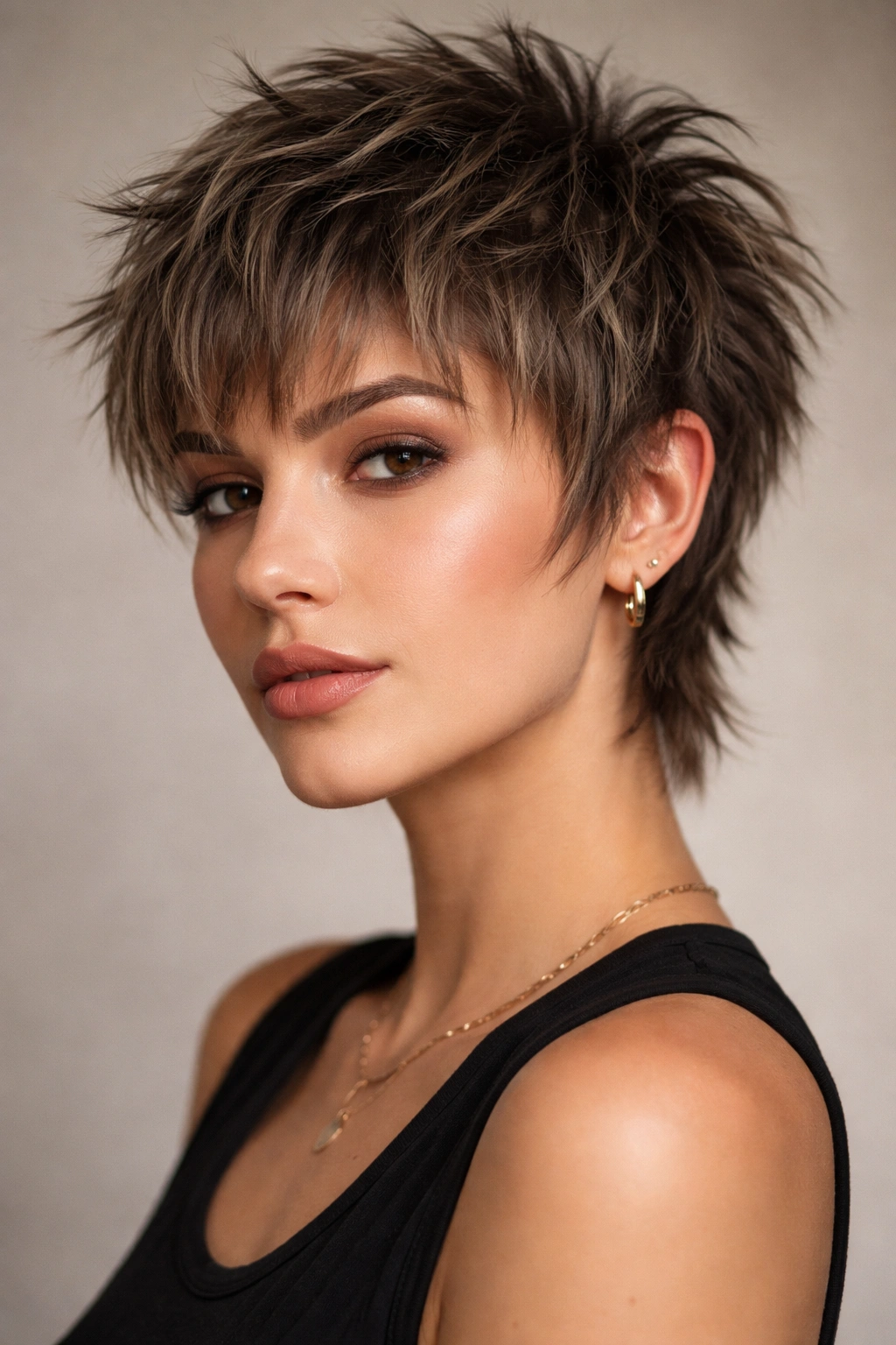 Close-up head-and-shoulders showing a textured pixie wolf cut with bold crown texture.