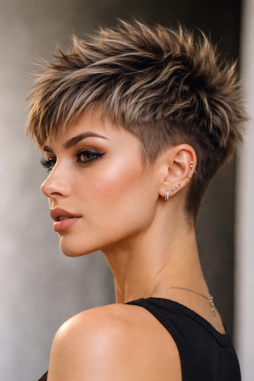 20 Wolf Cut Hairstyles Women Are Obsessed With 18 Close-up of a textured pixie-wolf hybrid with sharp edges.