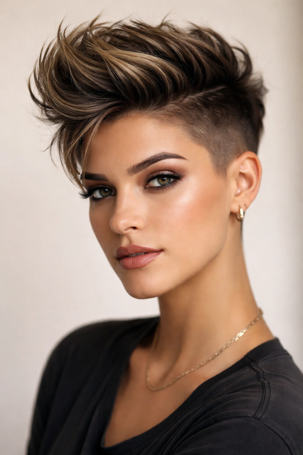 Portrait of a model with textured pomp and a low fade emphasizing crown volume
