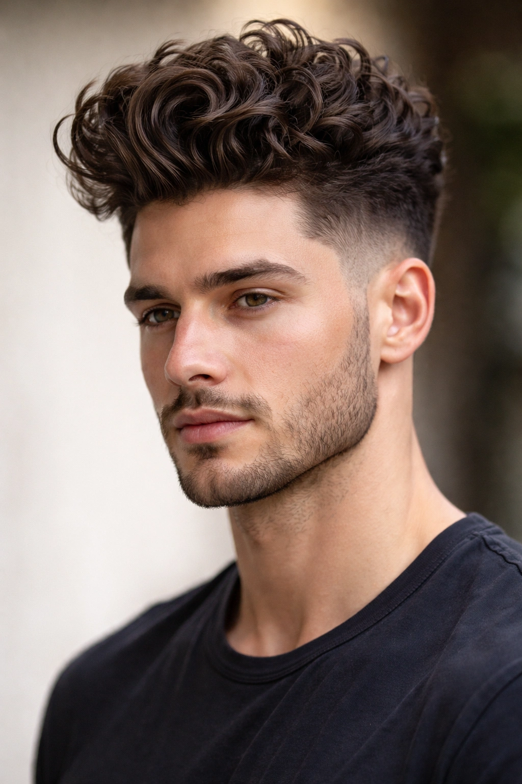Man with a textured pompadour, top 3-4 inches, curls directed back, sides tapered
