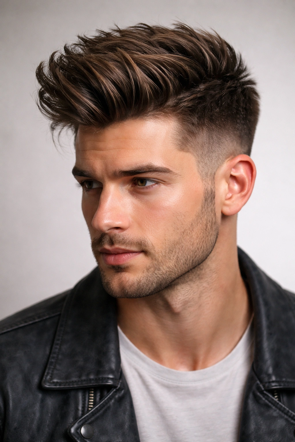 Close-up of textured pompadour with defined piecey sections and matte finish