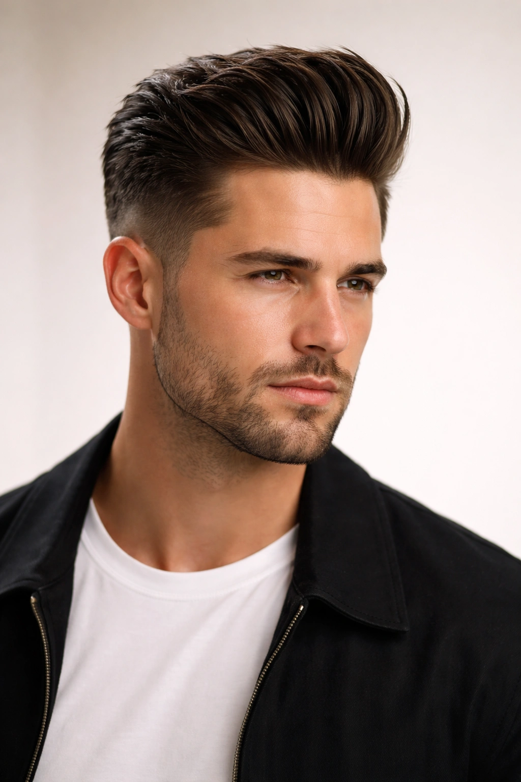 Close-up of a man with a textured pompadour and slick top hairstyle.