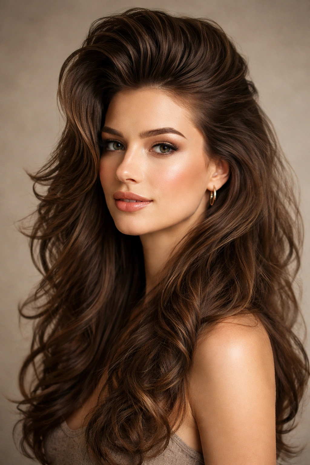 Long-haired subject with textured volume pompadour and natural waves.