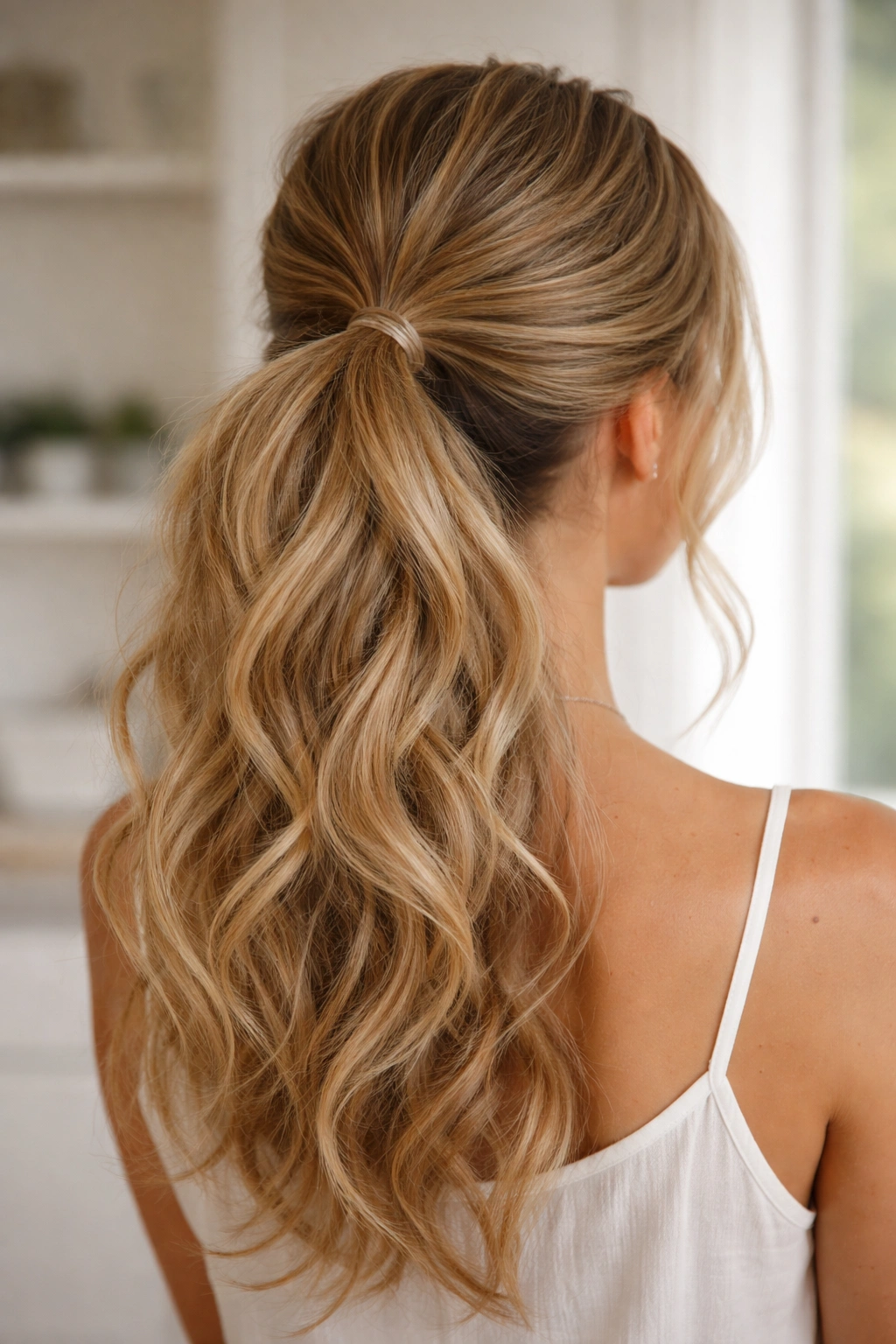 12 Fine Wavy Hair Styles That Last All Day Long 4 Low textured ponytail with crown volume and loose waves on fine hair
