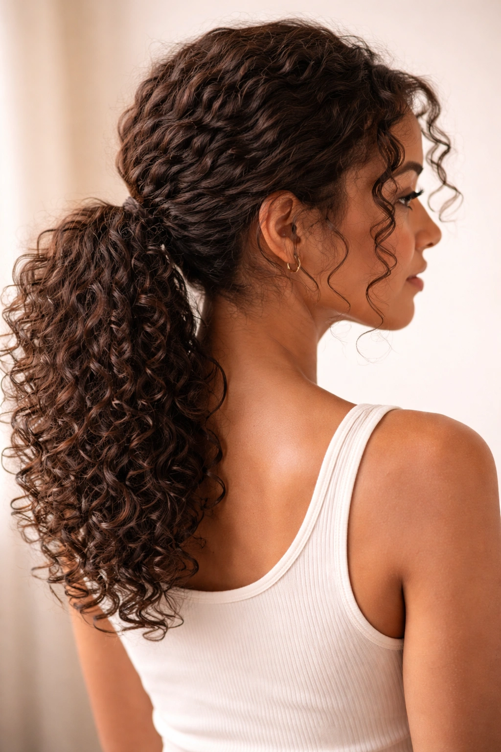 Low textured ponytail with defined curls and face-framing strands