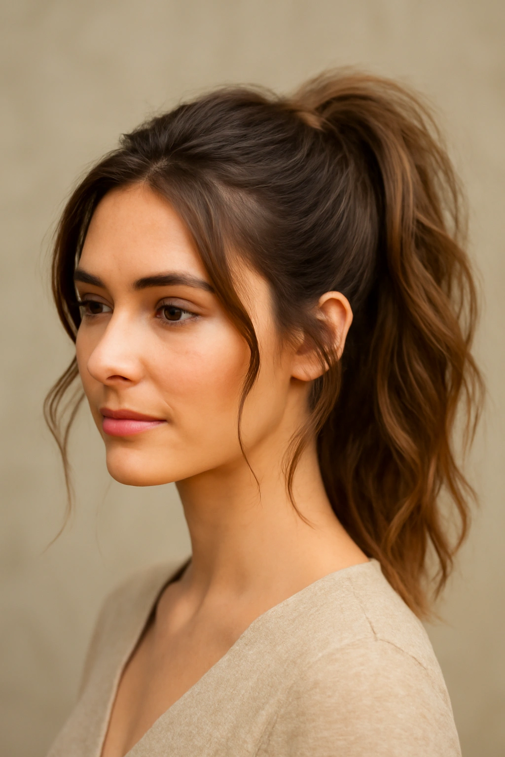 12 Wedding Guest Hairstyles You Can Do Yourself 3 Textured high ponytail with face-framing pieces in a studio setting.