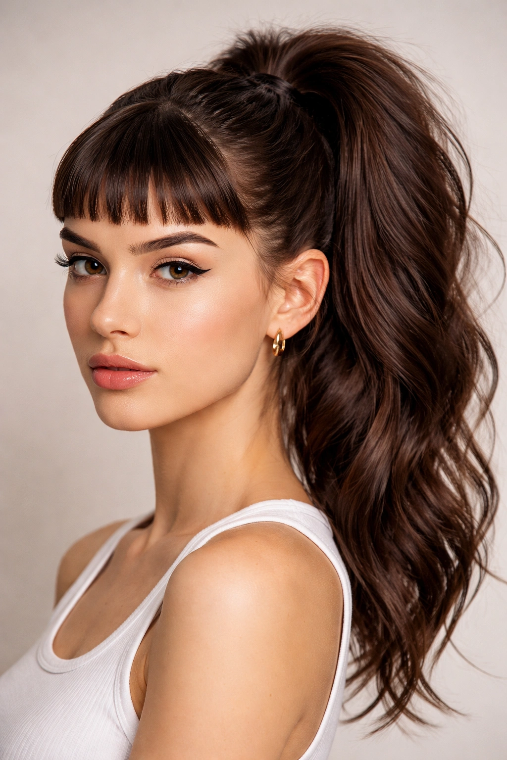 Textured ponytail with micro bangs