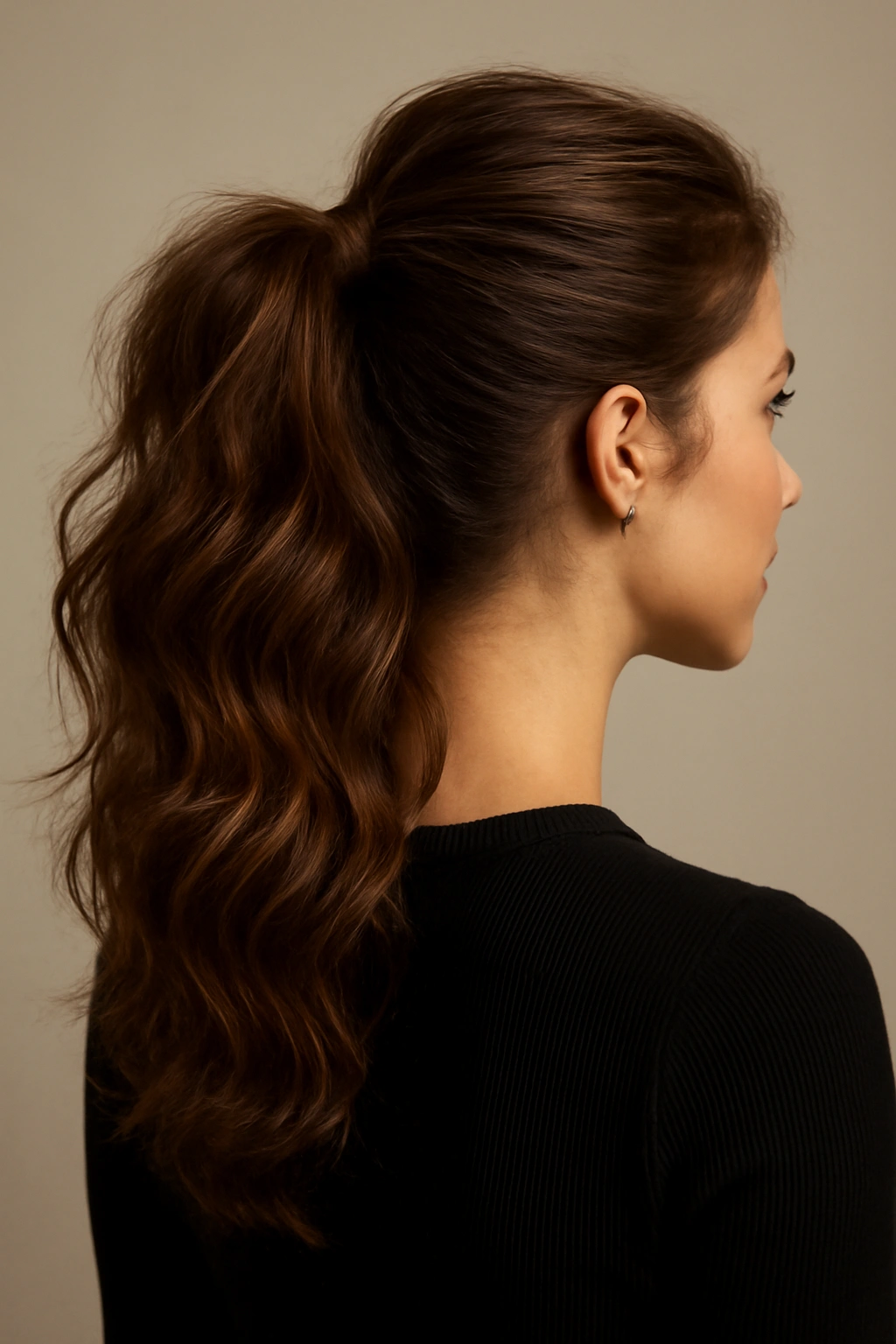 15 Ponytail Hairstyles for Work and Nights Out 3 Textured voluminous ponytail with waves and movement in a neutral studio.