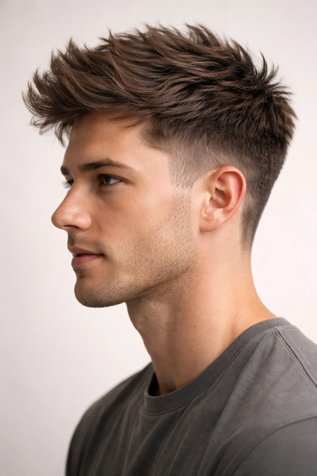 Profile of textured quiff with short sides and longer crown, air-dried