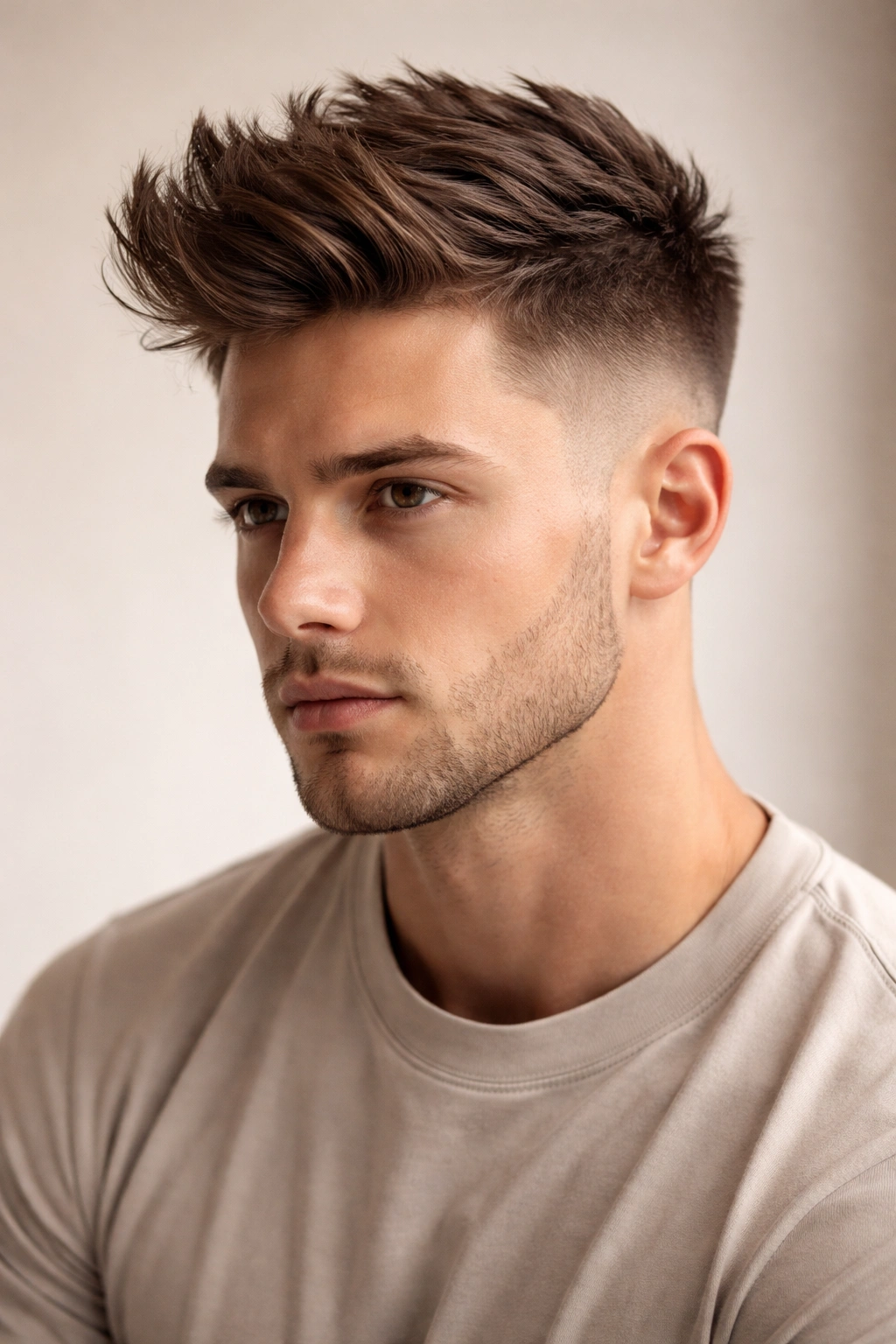 Textured quiff with mid fade, voluminous front and textured strands