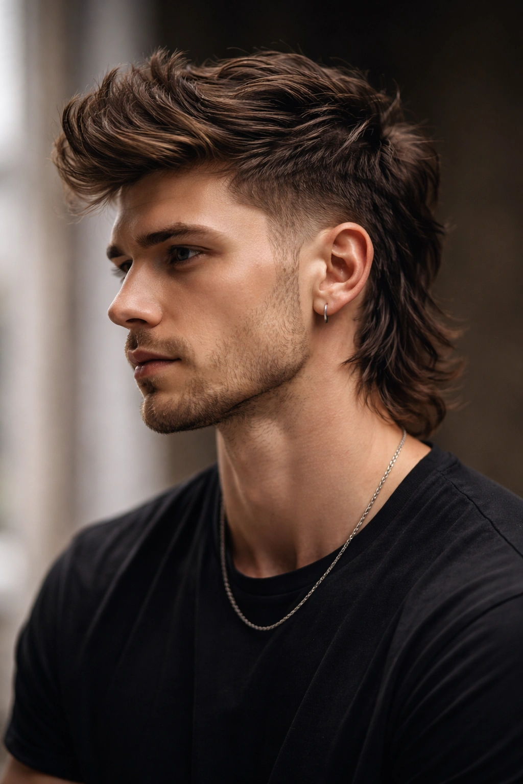 Three-quarter view of a man with a textured quiff mullet and short sides