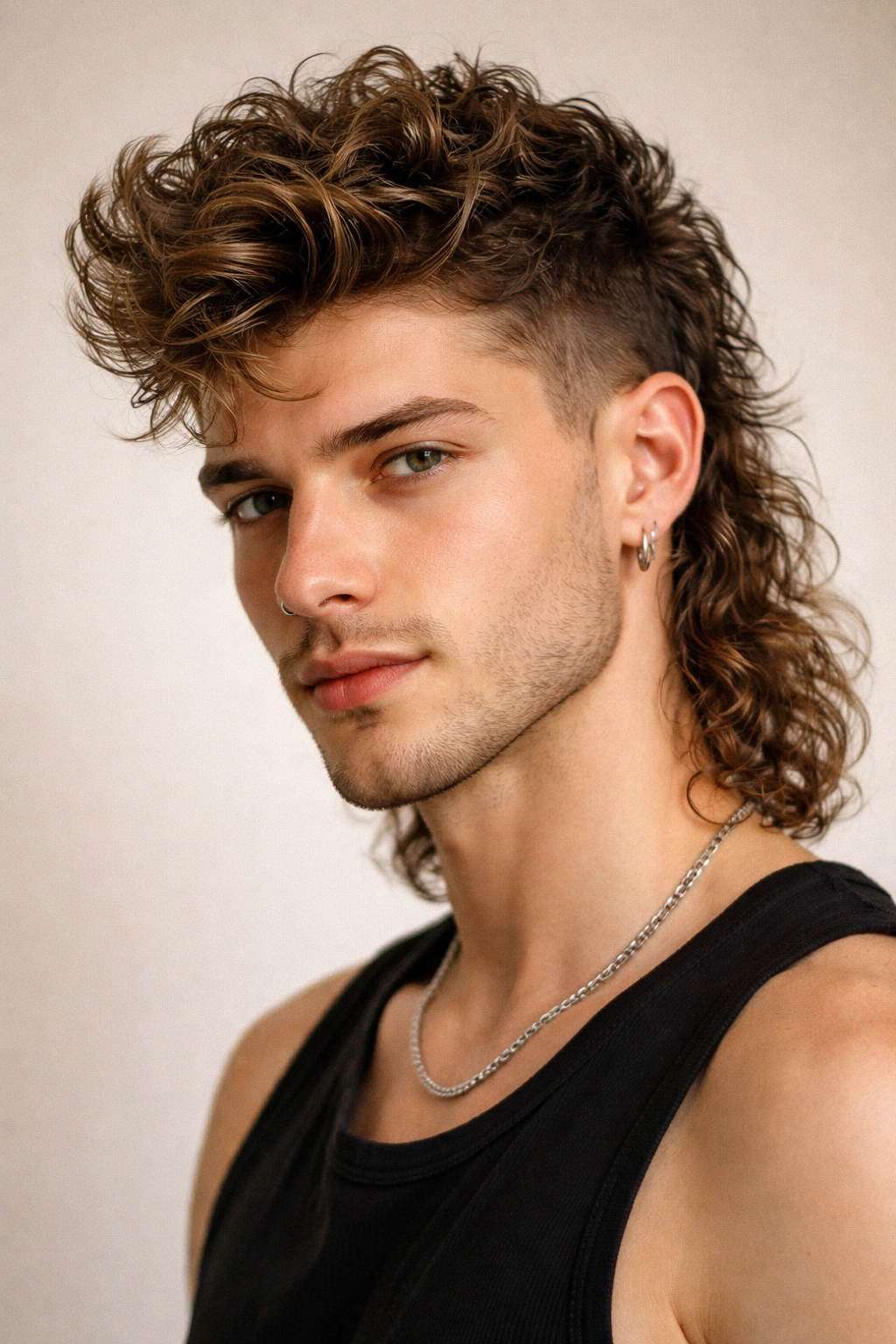 Textured quiff mullet with voluminous front and defined curls