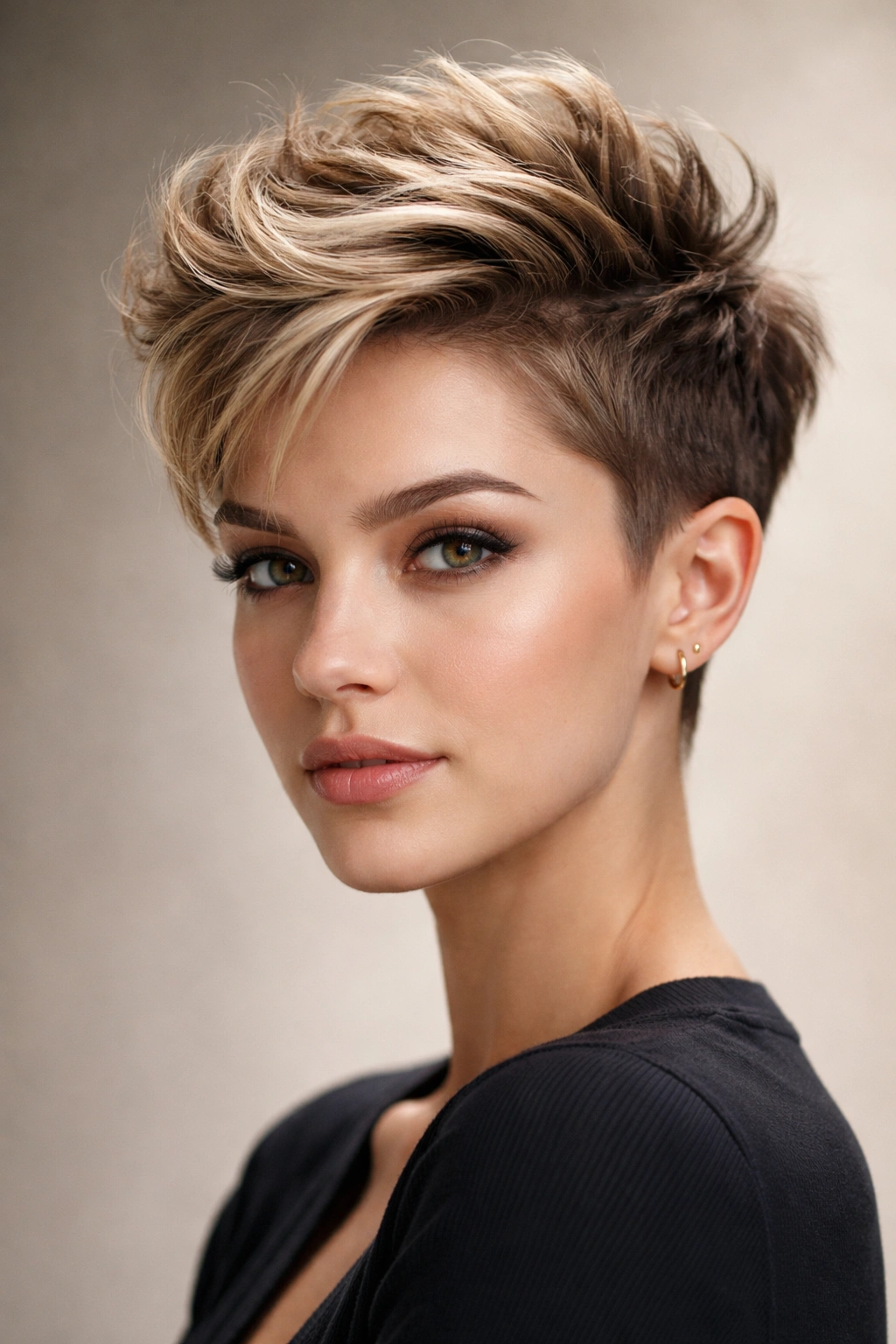 Portrait of a person with a textured quiff pixie showing height at the crown
