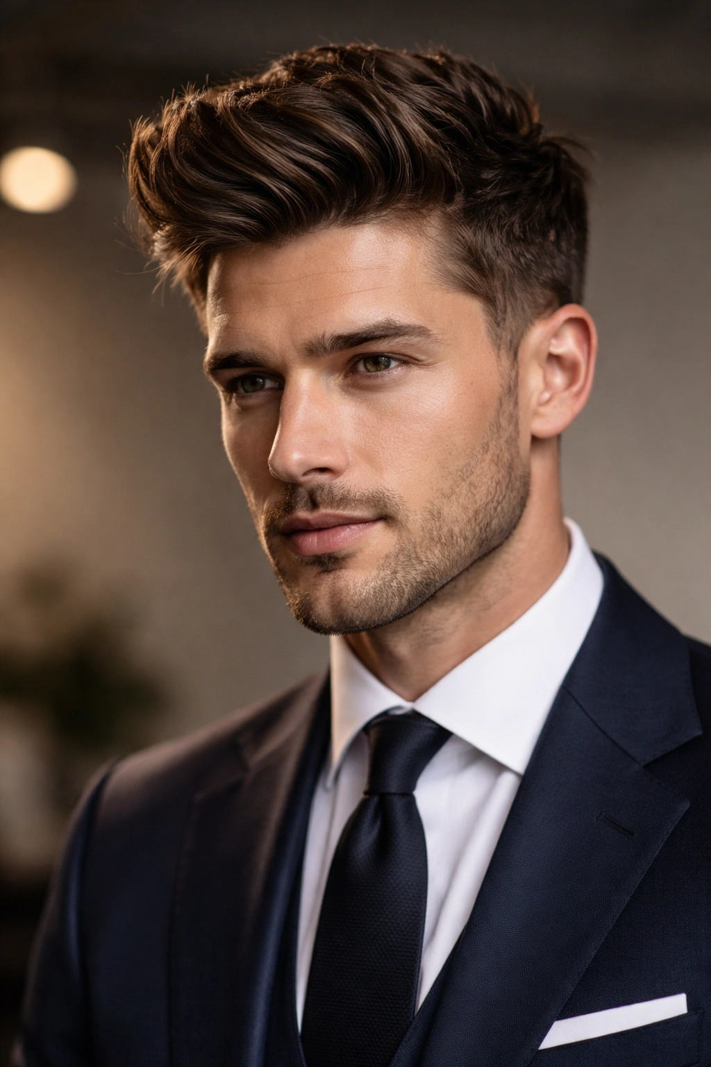 Close-up of a textured quiff with volumized top for formal wear.