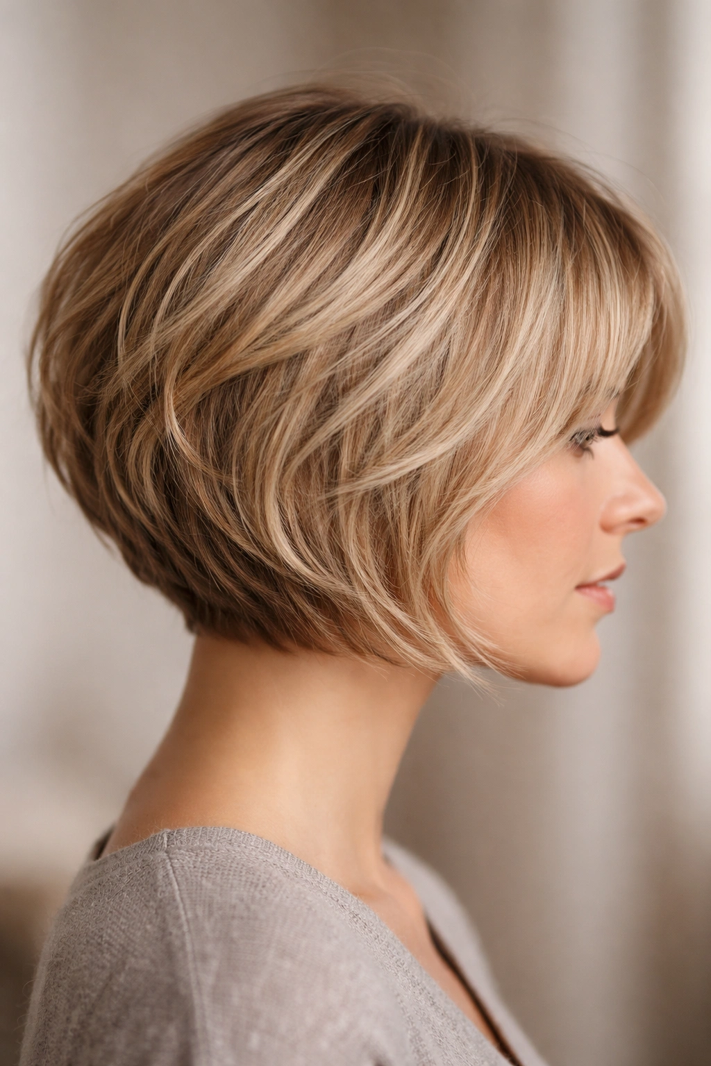 Close-up of a textured rounded bob with choppy layers for fullness