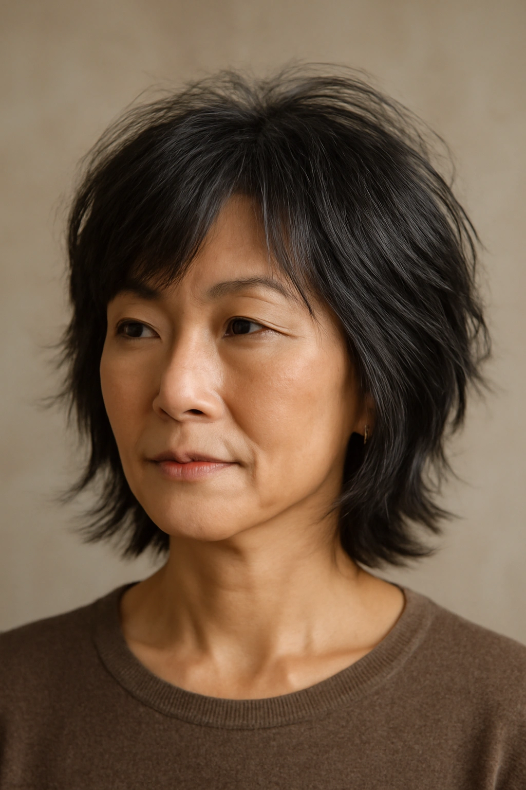 10 Short Haircuts for Asian Women Over 50 to Try 3 Portrait of an Asian woman over 50 with textured shag and side-swept bangs.