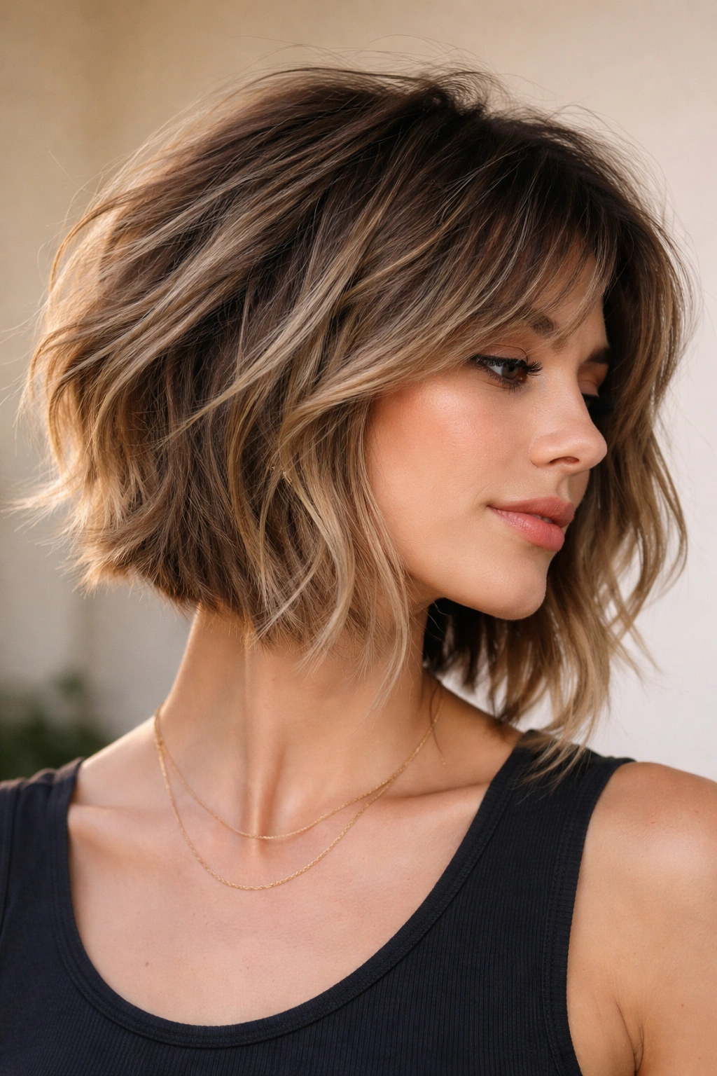 12 Asymmetrical Bobs From Subtle To Statement 2 Medium-shot portrait of a textured shag asymmetrical bob with choppy layers and movement.