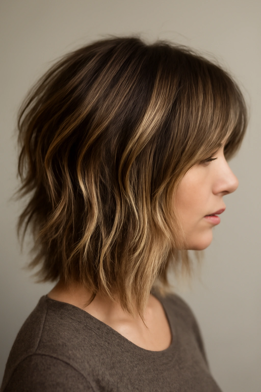 12 Medium Length Balayage Haircuts That Look Amazing 2 Medium textured shag with dimensional balayage highlighting layered texture.