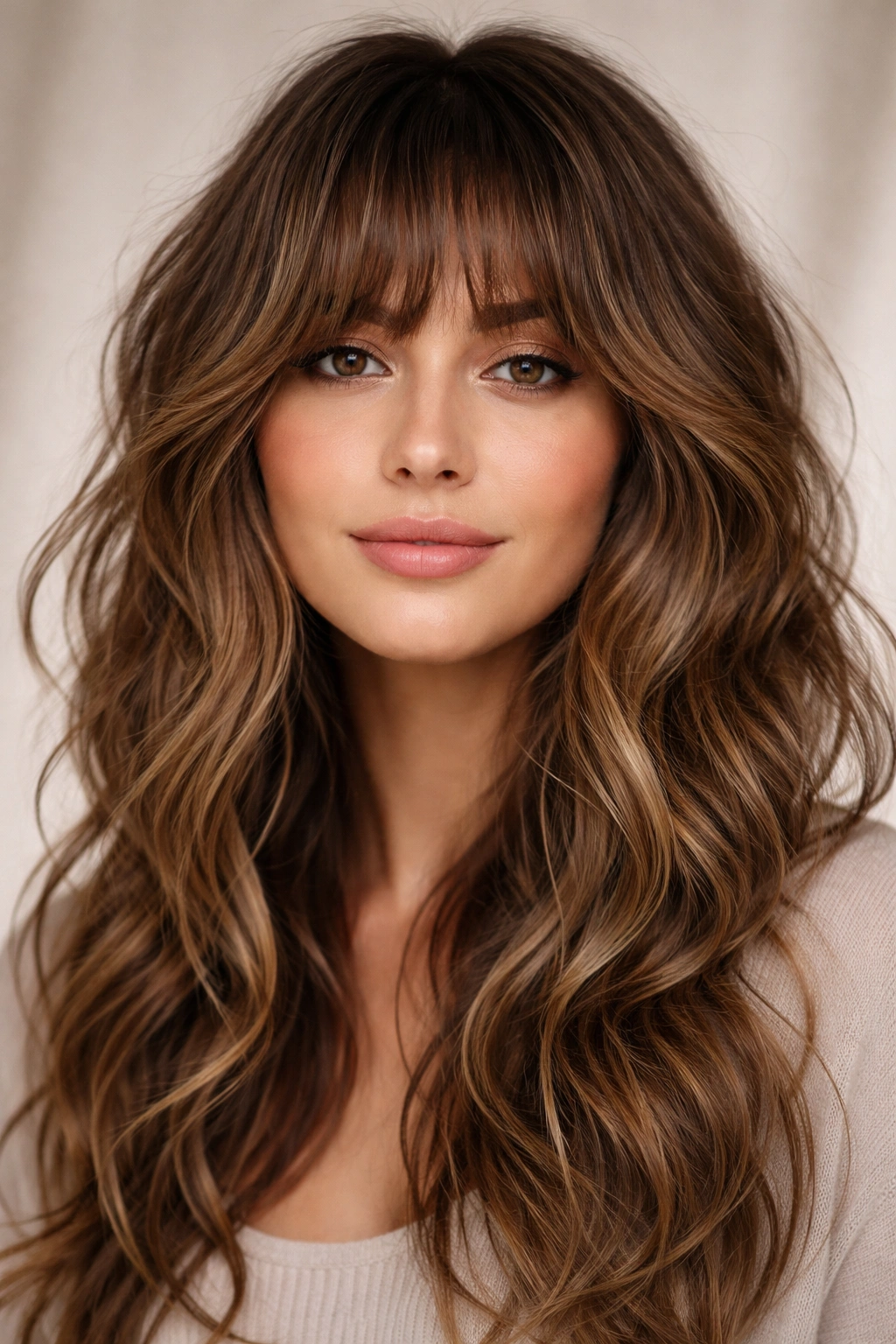 Close-up of textured shag bangs blending into loose waves on a person's forehead
