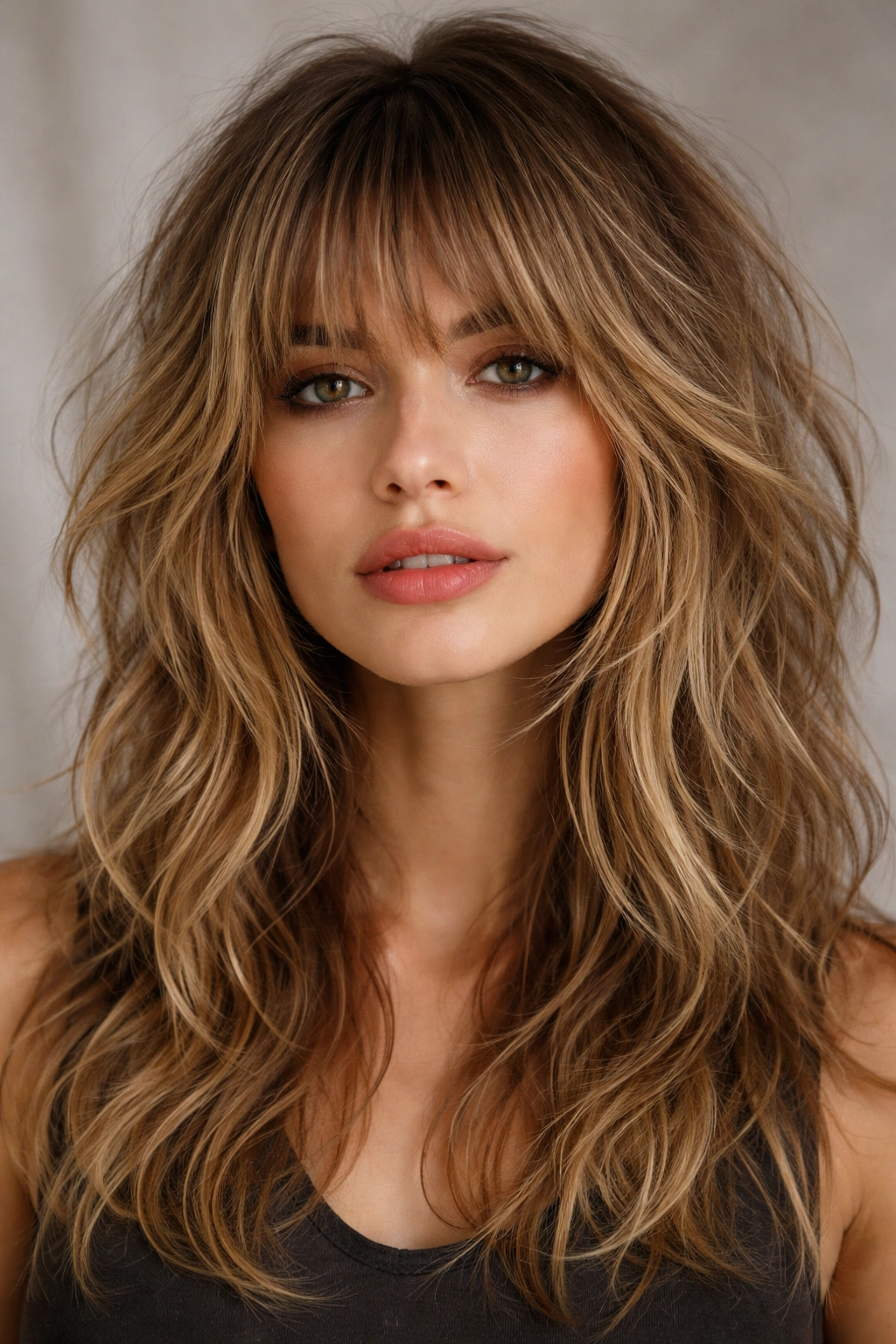 15 Shaggy Haircuts Women Want This Season 3 Close-up of The Textured Shag with Bangs showing bangs and textured layers.