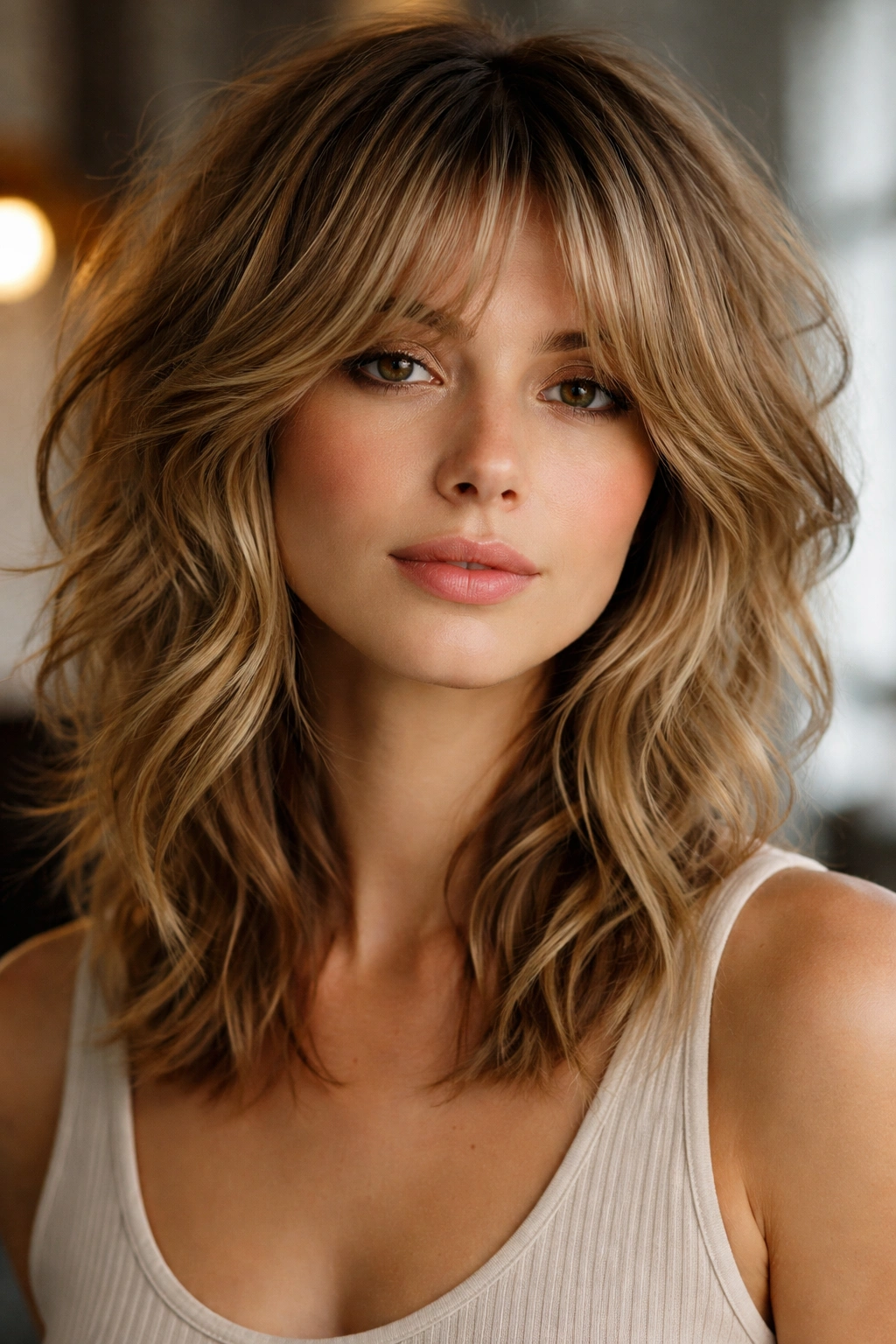 12 Short Haircuts Styled With Curtain Bangs 11 Portrait of a person with a textured shag and feathered curtain bangs showing depth