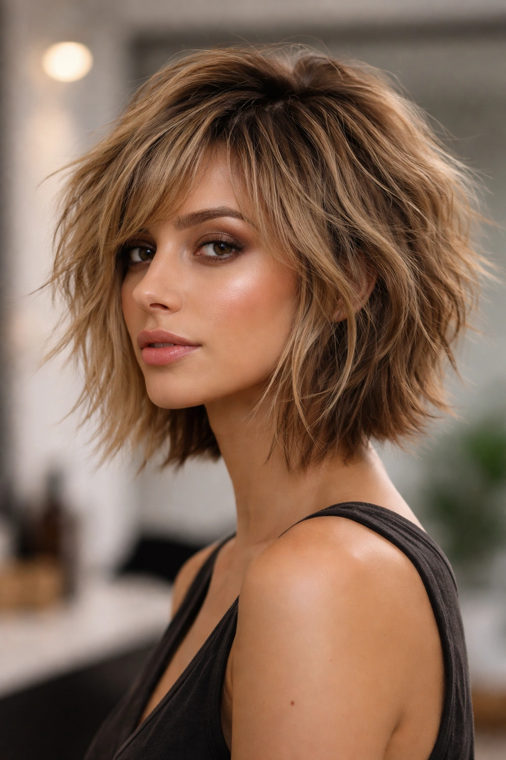 Textured shag bob with layered top and longer underneath