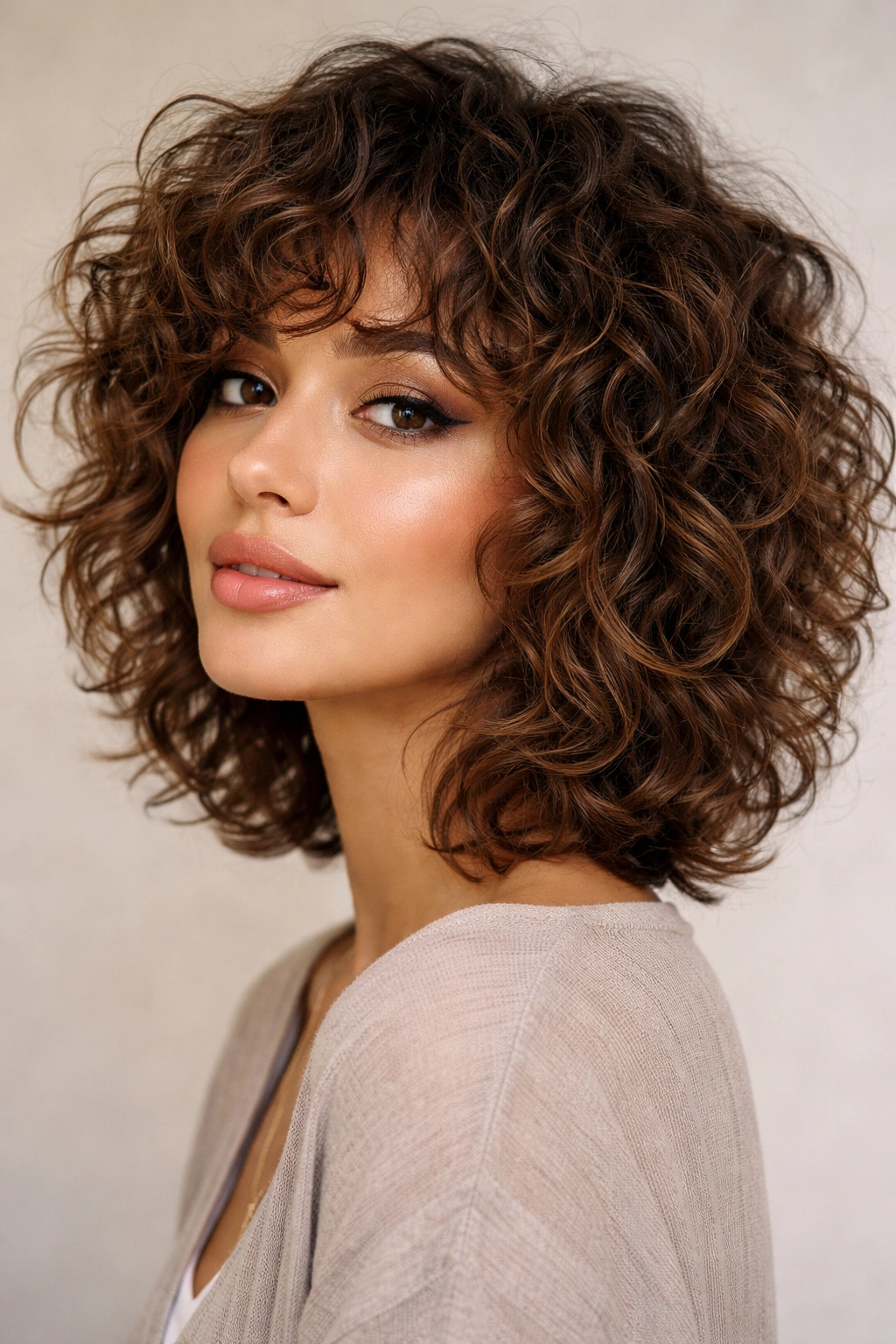 Close-up of The Textured Shag Bob showing choppy layered curls and volume