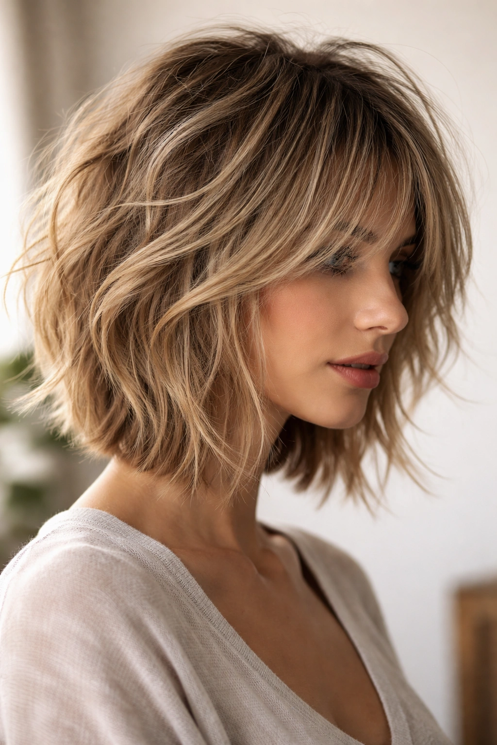 10 Razor Cut Bobs For A Soft And Wispy Finish 1 Close-up of a textured shag bob with choppy layers and wispy ends on a head under studio lighting