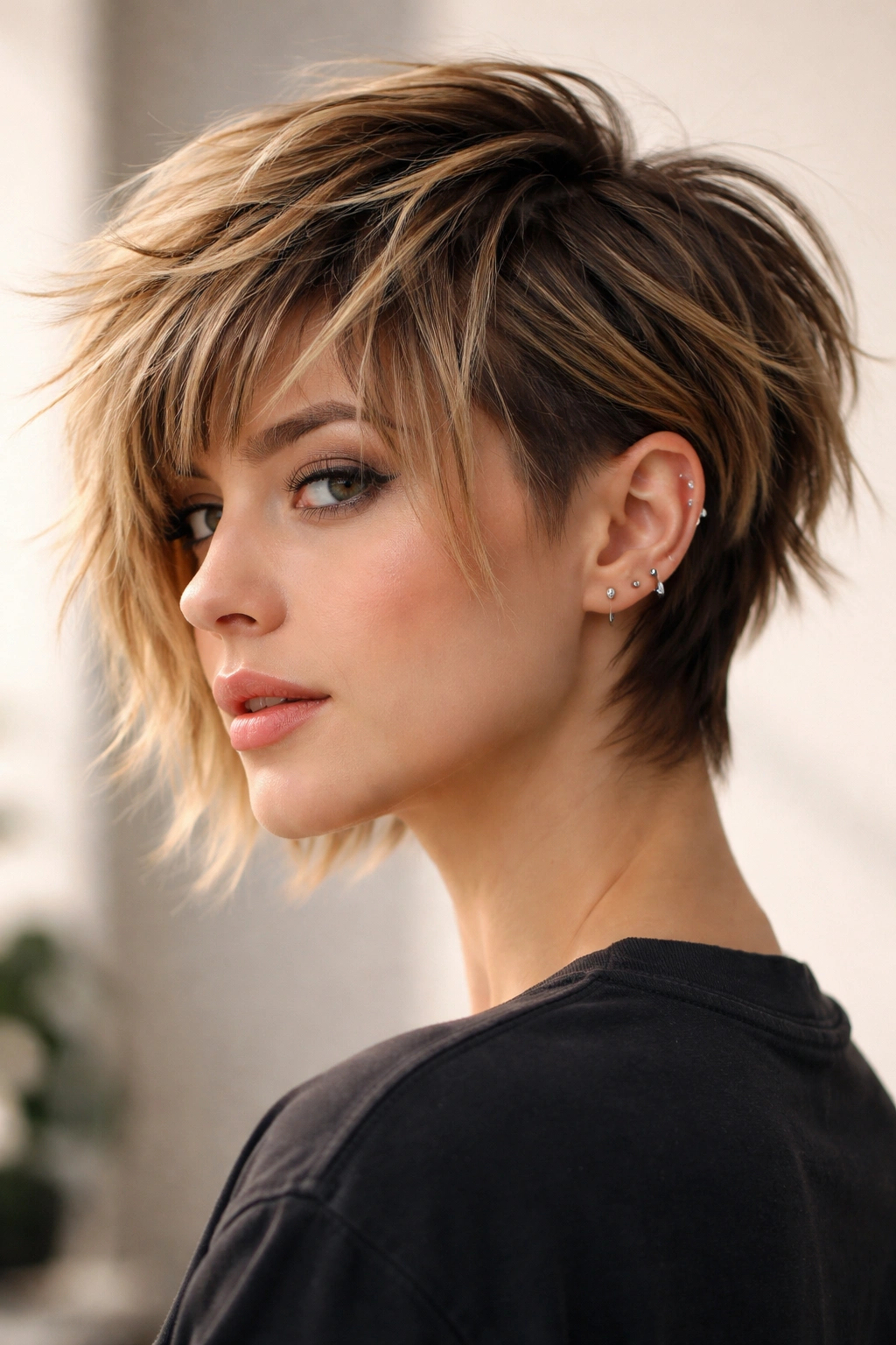 Portrait of a person with textured shag bob and shaved undercut showing movement.
